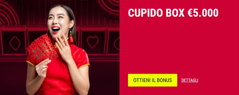 Promo Cupido Box €5.000 con donna in abito rosso