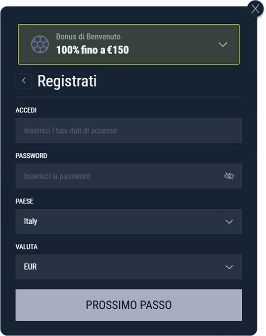 Modulo di registrazione Rabona con offerta bonus